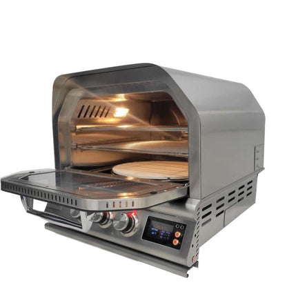 Blaze BLZ-26-PZOVN 26-Inch Built-In Outdoor Pizza Oven With Rotisserie - Open Door Angled - White Background