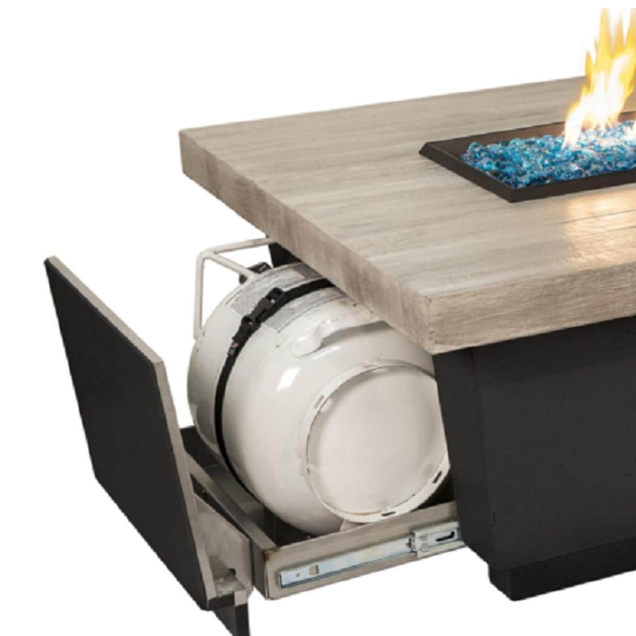 American Fyre Designs 785-BA-SP-MA4PC Contempo LP Select 62-Inch Rectangular Propane Gas Fire Table - Silver Pine - In Use (Shown W/LP
Cylinder - Sold Separately)