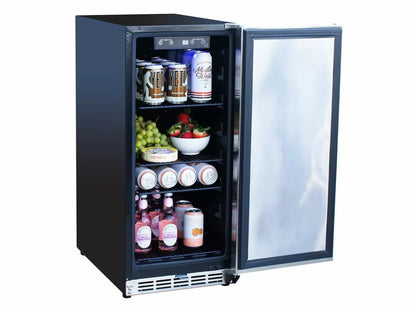 Summerset 15-Inch Outdoor Rated Fridge with Stainless Door - RFR-15S - Angled Open Door with Food