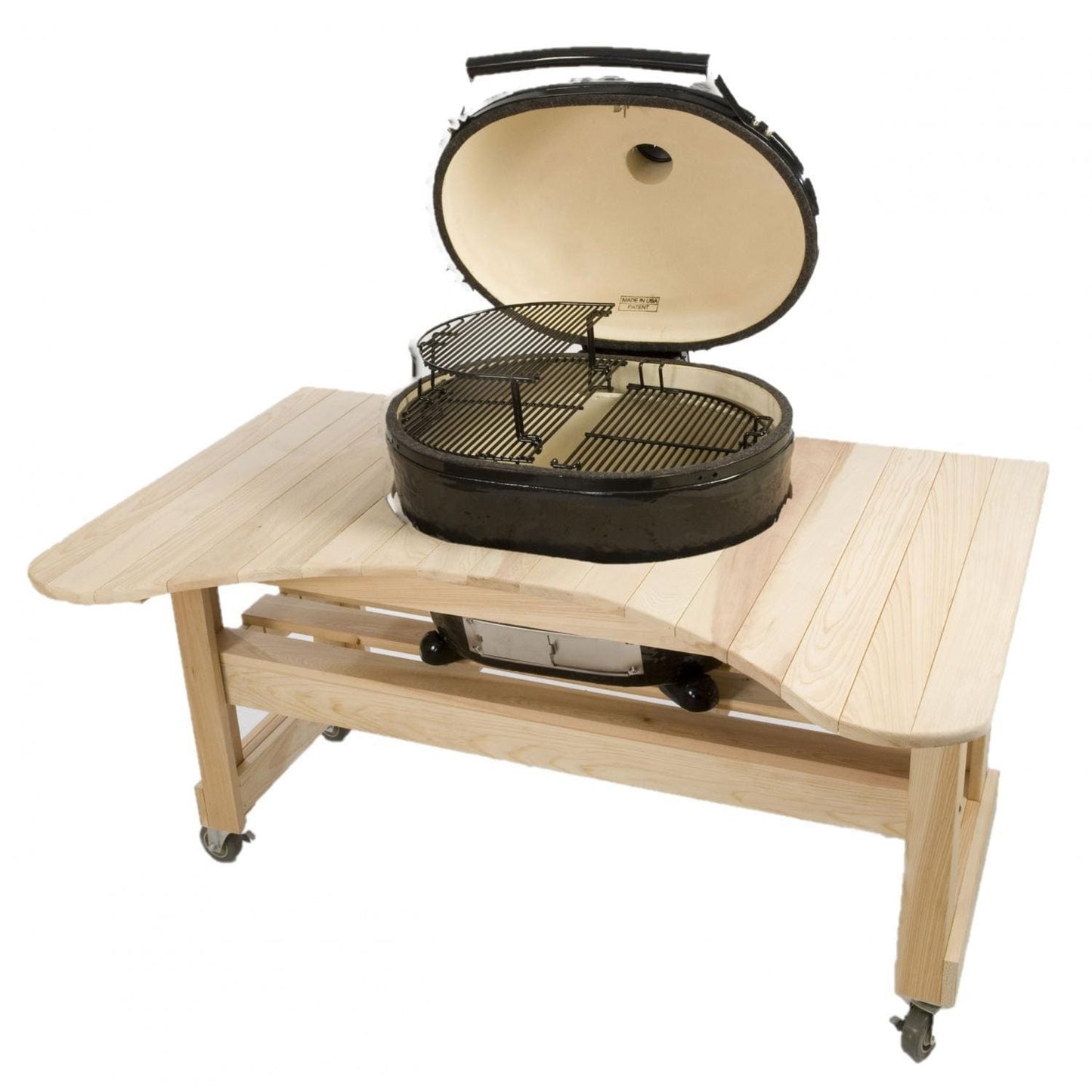 Primo PG00600 Curved Cypress Table For XL Oval Kamado - Shown With Oval XL (Grill Not Included)