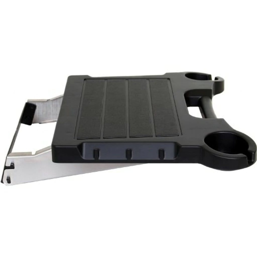 Foldable Black Plastic Side Shelf with Cup Holders for the Grill.