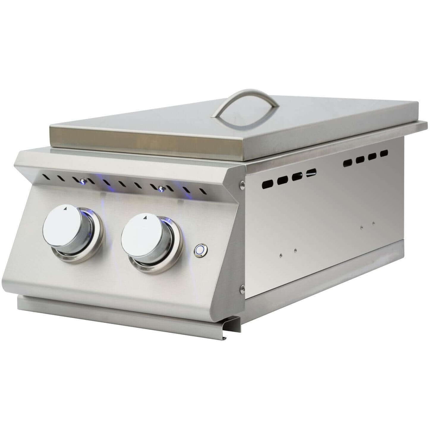 Summerset Sizzler Pro Built-In Double Side Burner - Angled View With Included Stainless Steel Cover