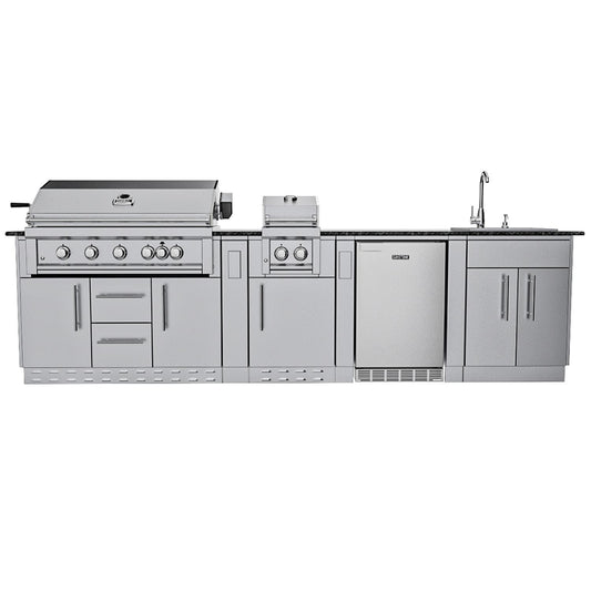 Sunstone Grills SCPGULFBREEZE10.2 Gulf Breeze 10 Ft Outdoor Kitchen Island Gas Grill & Side Burner, Sink, Refrigerator, Door & Drawer - Island - White Background
