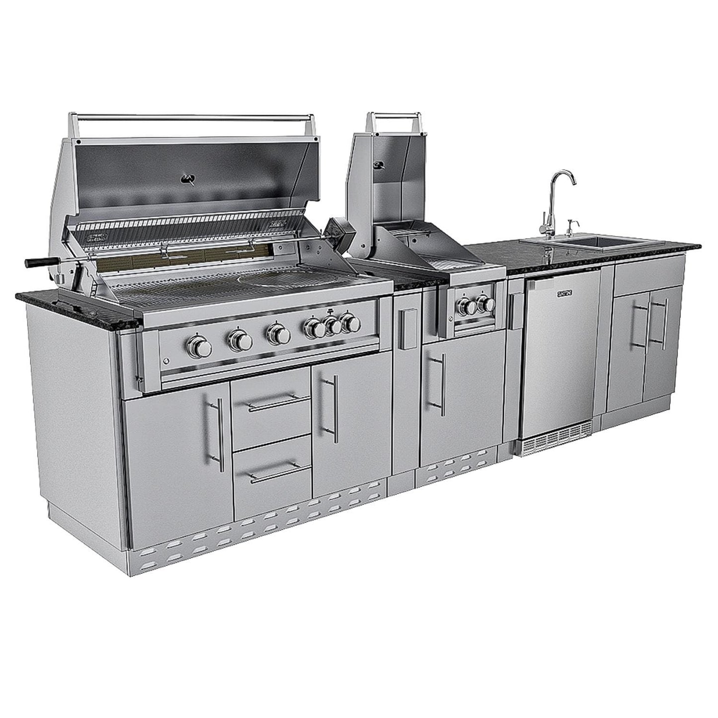 Sunstone Grills SCPGULFBREEZE10.2 Gulf Breeze 10 Ft Outdoor Kitchen Island Gas Grill & Side Burner, Sink, Refrigerator, Door & Drawer - Island - White Background