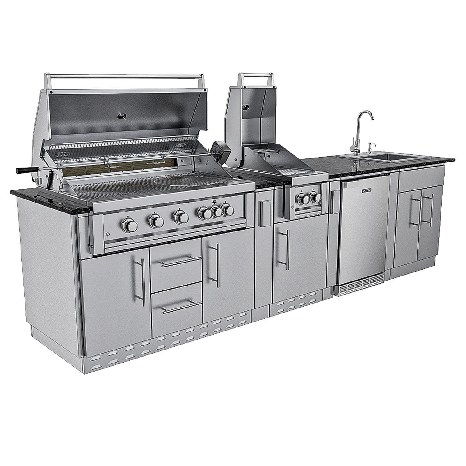 Sunstone Grills SCPGULFBREEZE10.2 Gulf Breeze 10 Ft Outdoor Kitchen Island Gas Grill & Side Burner, Sink, Refrigerator, Door & Drawer - Island - White Background