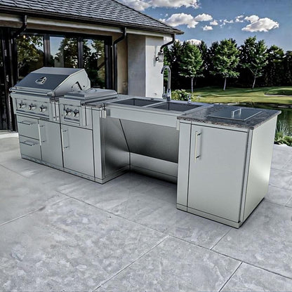 Sunstone Grills SCPSUMMIT10 Summit 10 Ft Outdoor Kitchen Island Grill & Side Burner, Sink, Door & Drawer - On Patio - Lifestyle
