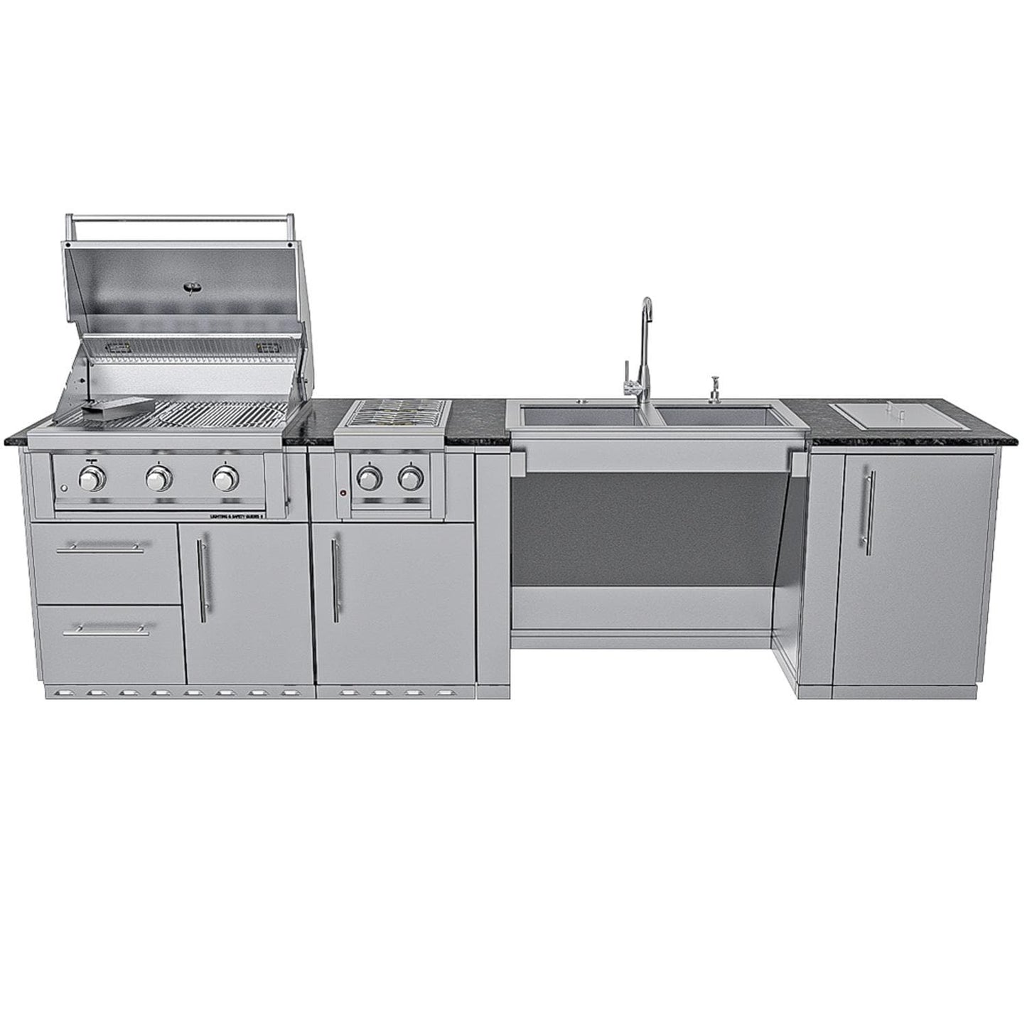Sunstone Grills SCPSUMMIT10 Summit 10 Ft Outdoor Kitchen Island Grill & Side Burner, Sink, Door & Drawer - Grill Open - White Background
