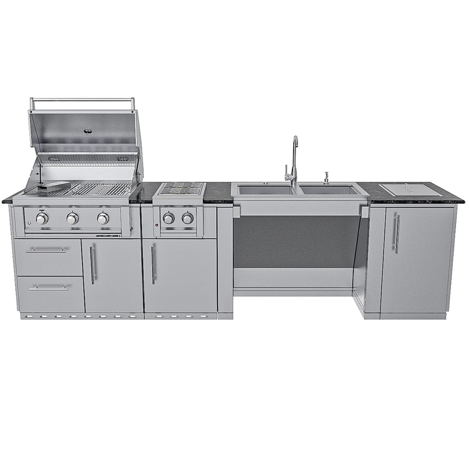 Sunstone Grills SCPSUMMIT10 Summit 10 Ft Outdoor Kitchen Island Grill & Side Burner, Sink, Door & Drawer - Grill Open - White Background