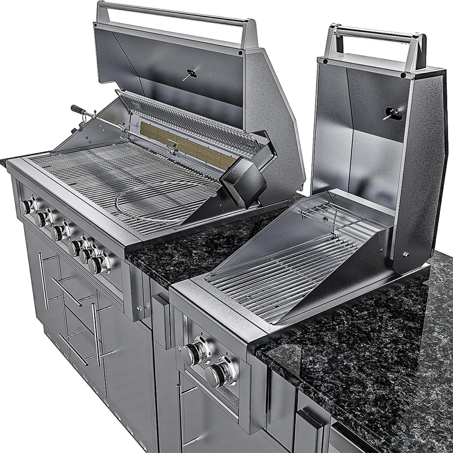 Sunstone Grills SCPGULFBREEZE10.2 Gulf Breeze 10 Ft Outdoor Kitchen Island Gas Grill & Side Burner, Sink, Refrigerator, Door & Drawer - Grill Open - White Background
