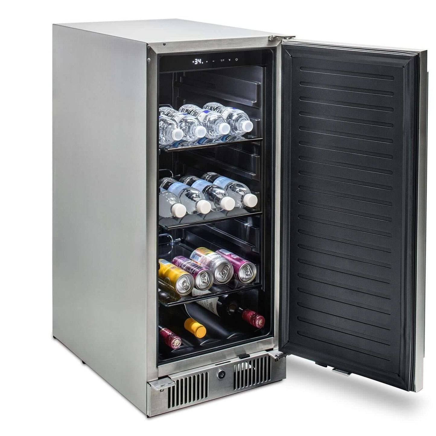 Blaze BLZ-SSRF-15 15-Inch 3.2 Cu. Ft. Outdoor Rated Compact Refrigerator - Side View with Drinks