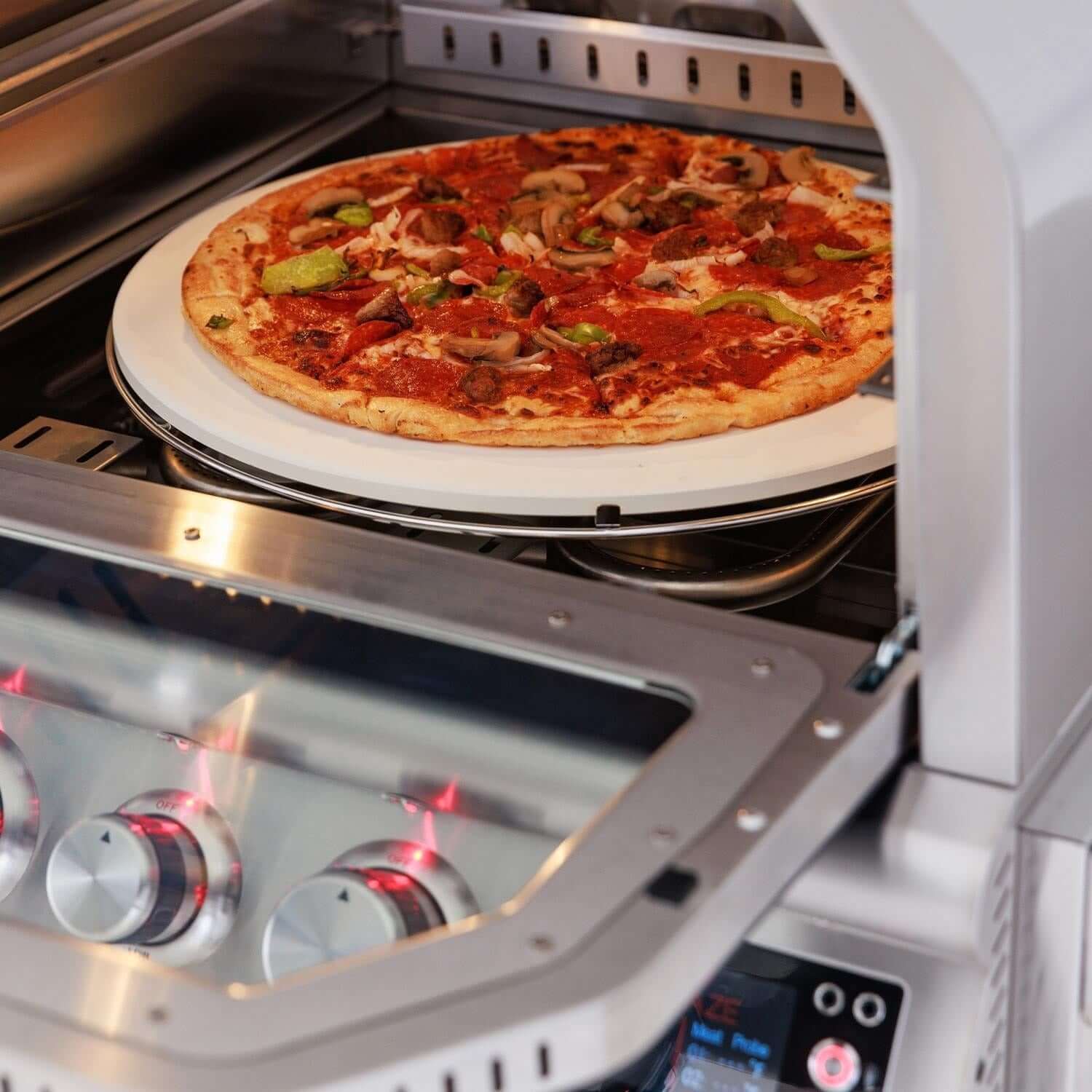 Blaze BLZ-26-PZOVN 26-Inch Built-In Outdoor Pizza Oven With Rotisserie - Pizza Door Open - Detail