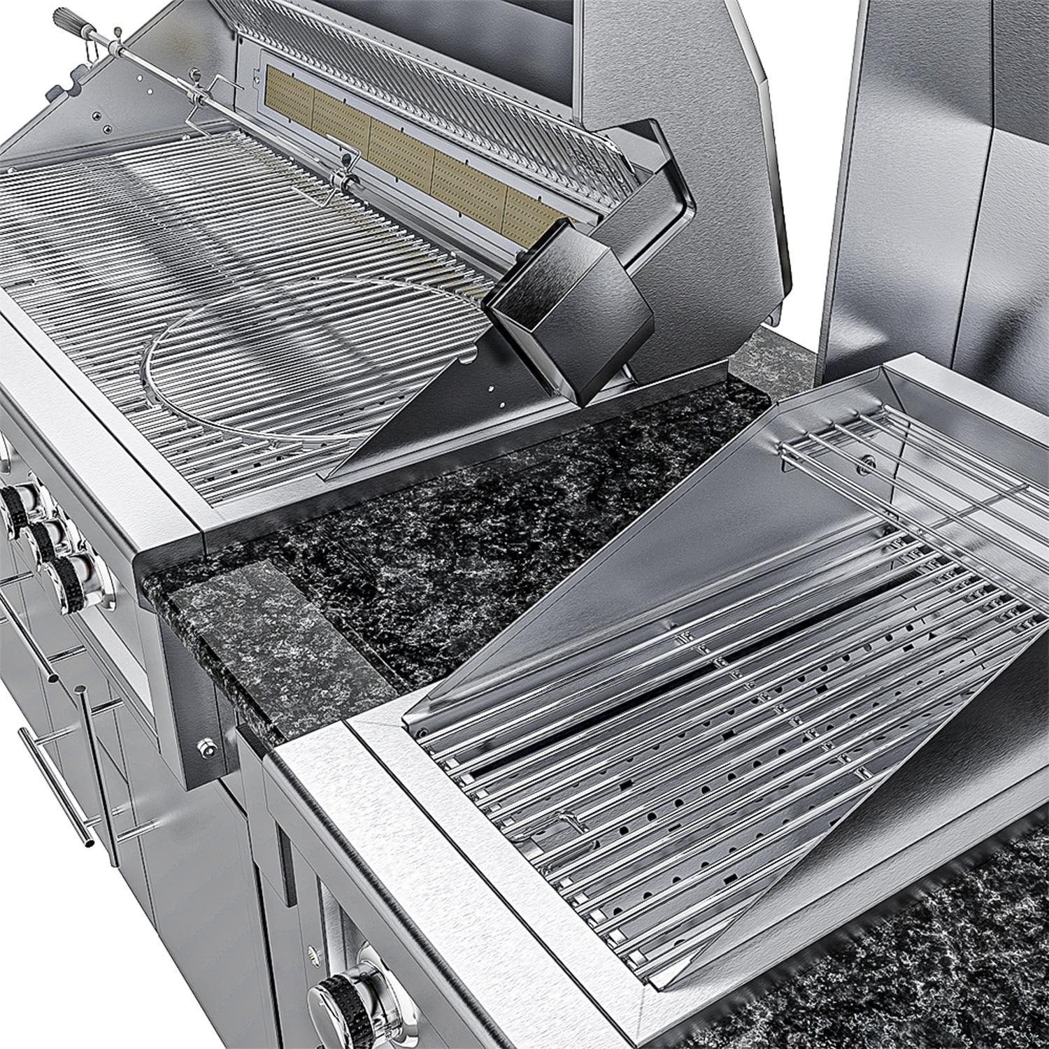 Sunstone Grills SCPGULFBREEZE10.2 Gulf Breeze 10 Ft Outdoor Kitchen Island Gas Grill & Side Burner, Sink, Refrigerator, Door & Drawer - Grill Open Up Close - Detail