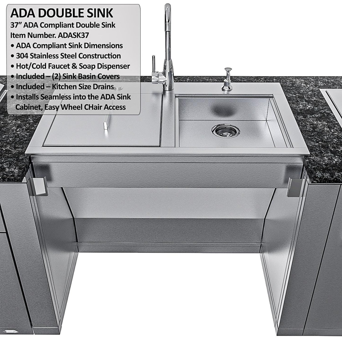 Sunstone Grills SCPSUMMIT10 Summit 10 Ft Outdoor Kitchen Island Grill & Side Burner, Sink, Door & Drawer - ADA Double Sink - Detail