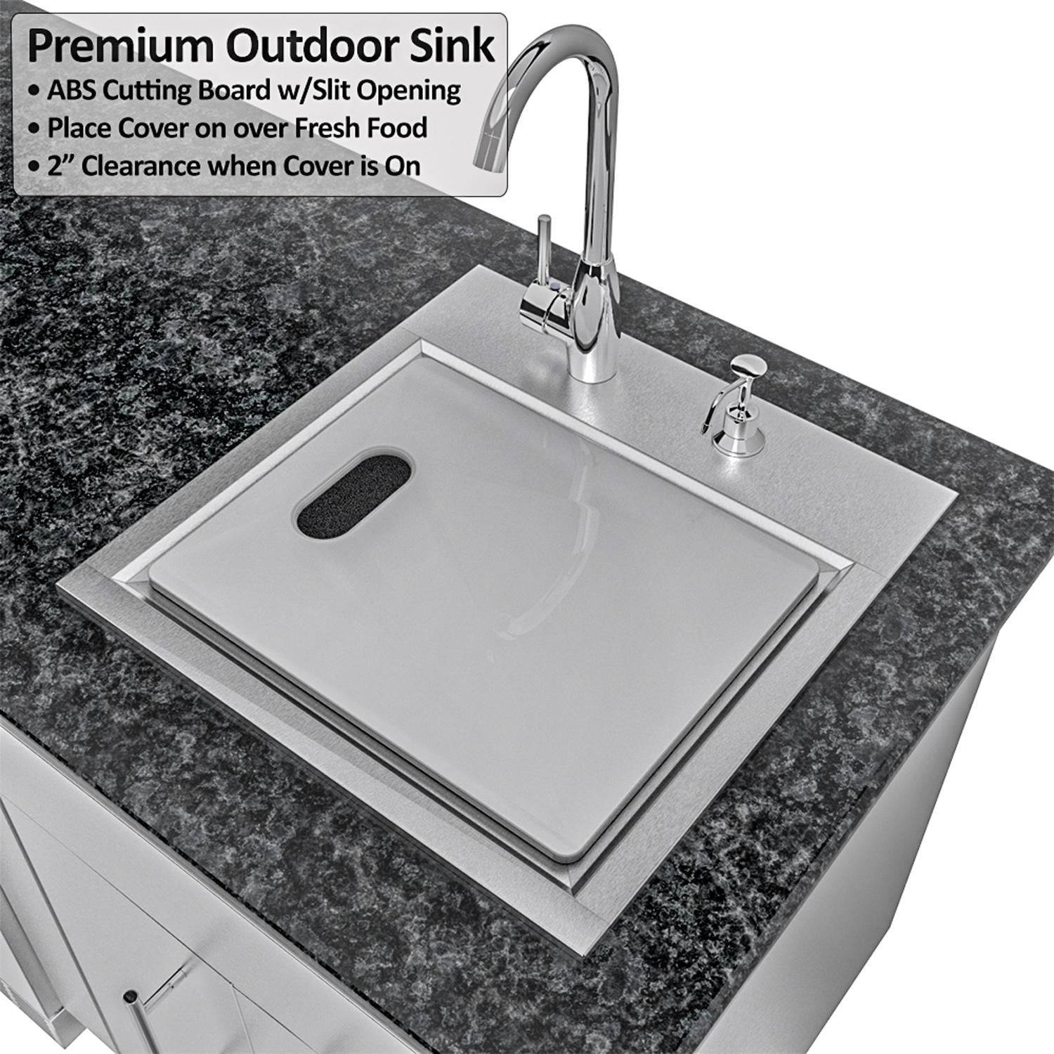 Sunstone Grills SCPGULFBREEZE10.2 Gulf Breeze 10 Ft Outdoor Kitchen Island Gas Grill & Side Burner, Sink, Refrigerator, Door & Drawer - Sink w/ Cutting Board - Detail