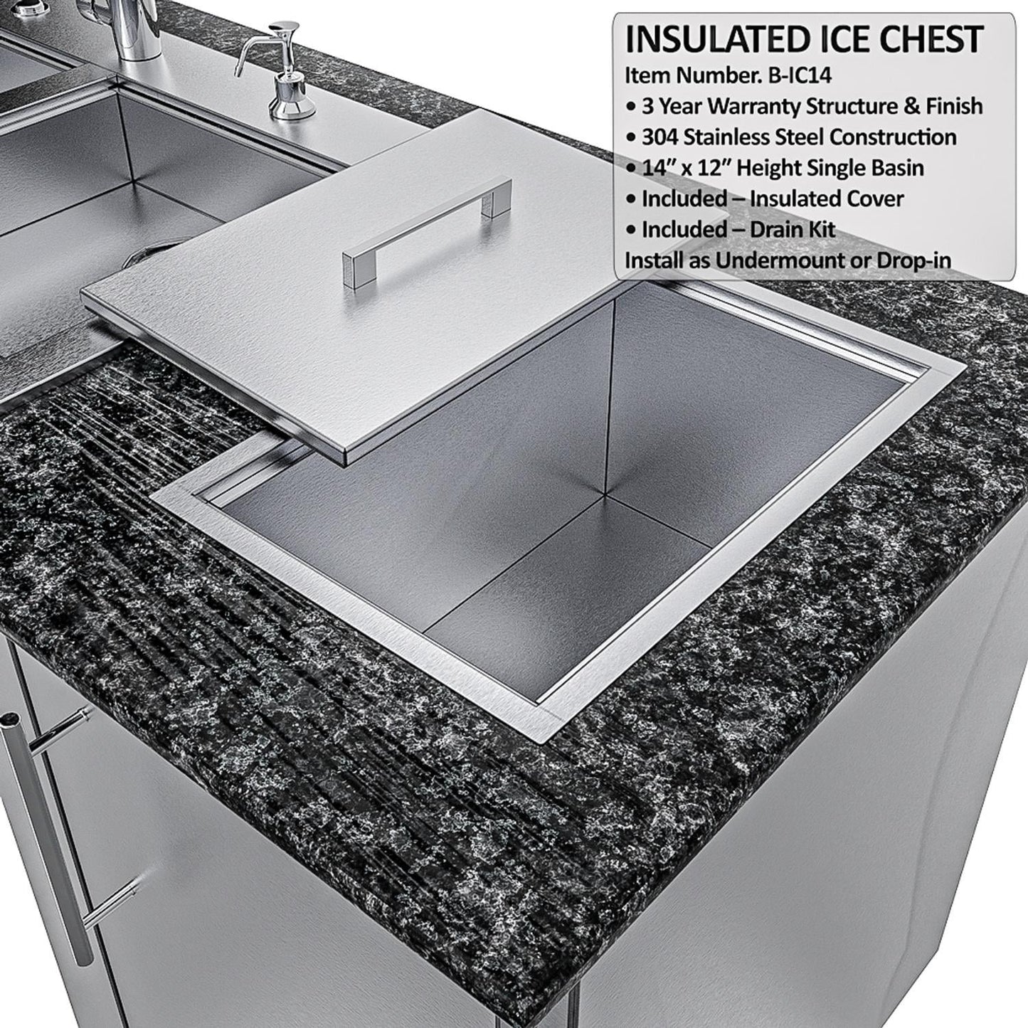 Sunstone Grills SCPSUMMIT10 Summit 10 Ft Outdoor Kitchen Island Grill & Side Burner, Sink, Door & Drawer - Insulated Ice Chest - Detail