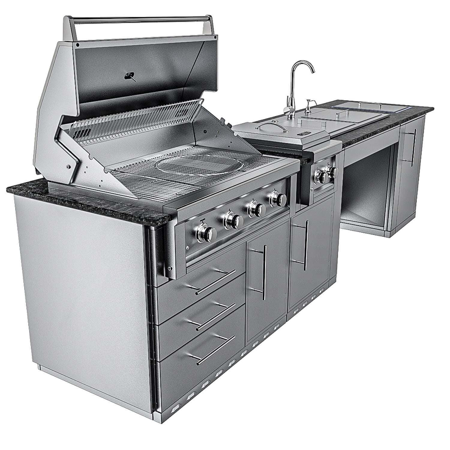 Sunstone Grills SCPSUMMIT10 Summit 10 Ft Outdoor Kitchen Island Grill & Side Burner, Sink, Door & Drawer - Left Side Grill Open - White Background