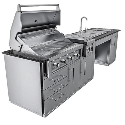 Sunstone Grills SCPSUMMIT10 Summit 10 Ft Outdoor Kitchen Island Grill & Side Burner, Sink, Door & Drawer - Left Side Grill Open - White Background