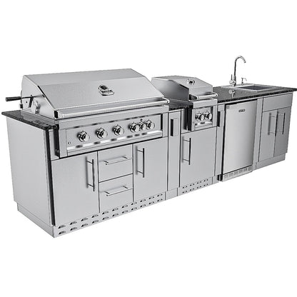 Sunstone Grills SCPGULFBREEZE10.2 Gulf Breeze 10 Ft Outdoor Kitchen Island Gas Grill & Side Burner, Sink, Refrigerator, Door & Drawer - Angled - White Background