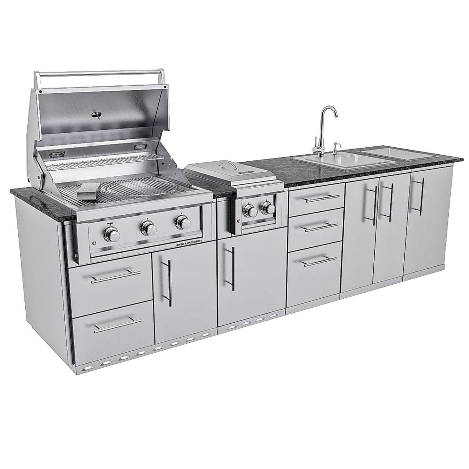 Sunstone Grills SCPMAGNOLIA10 Magnolia 10 Ft Outdoor Kitchen Island Grill & Side Burner, Sink, Door & Drawer - Angled Grill Open - White Background