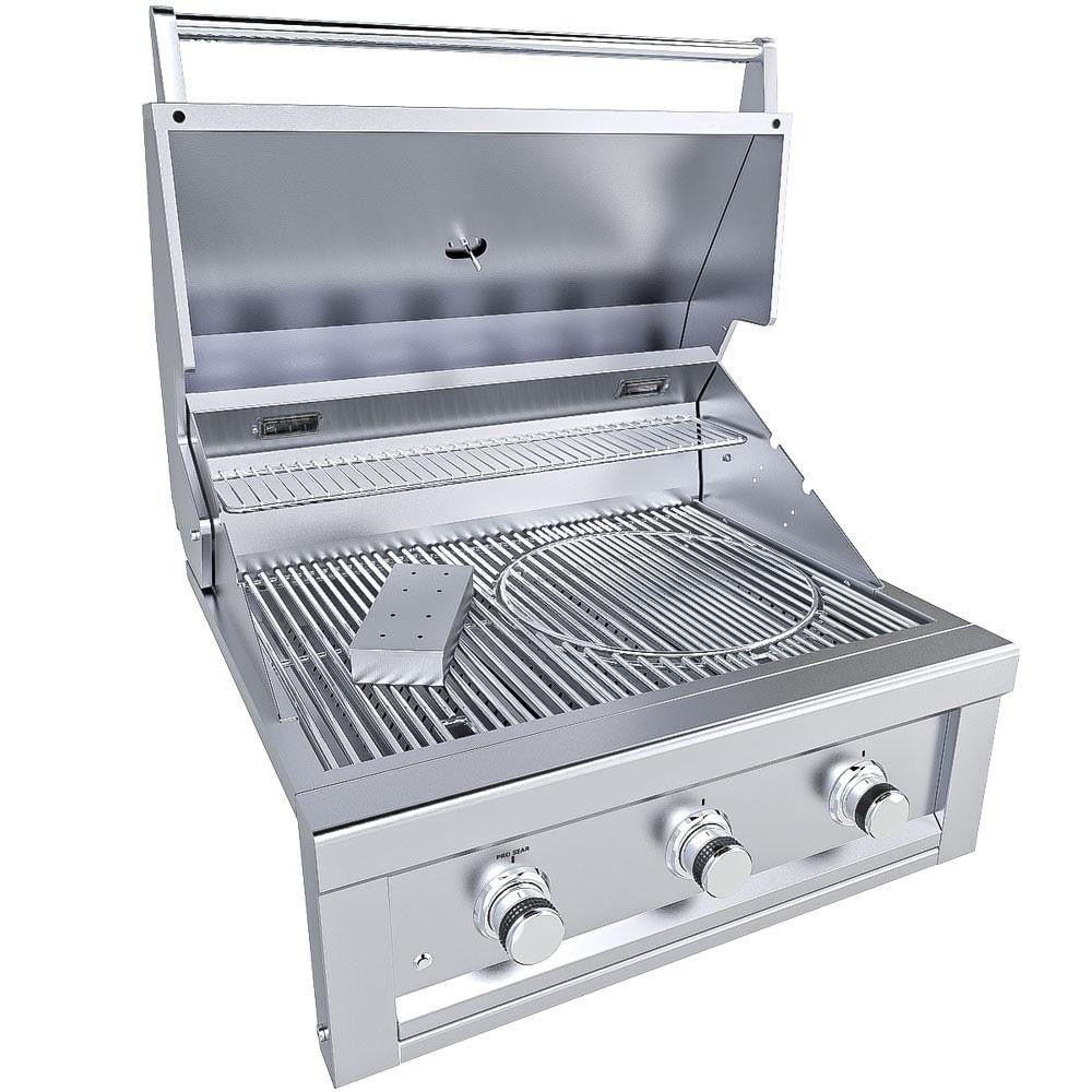 Sunstone Ruby3B Ruby 30-Inch 3-Burner Built-In Grill W/ Pro-Sear - Hood Open