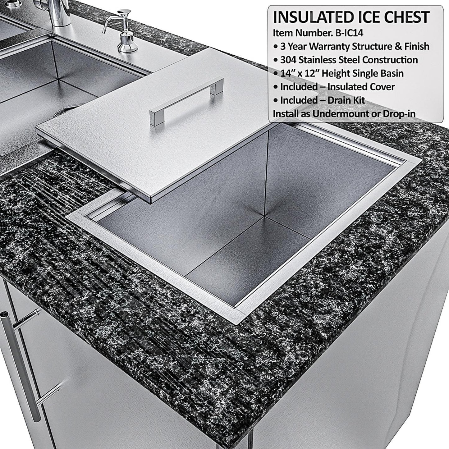Sunstone Grills SCPMAGNOLIA10 Magnolia 10 Ft Outdoor Kitchen Island Gas Grill & Side Burner, Sink, Door & Drawer - Ice Chest - Detail