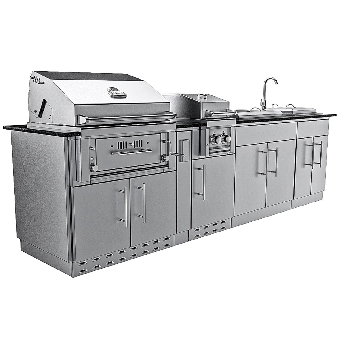 Sunstone Grills SCPALAMO10 Alamo 10 Ft Outdoor Kitchen Island w/ Grill & Side Burner, Sink, Door & Drawer - Angled - White Background