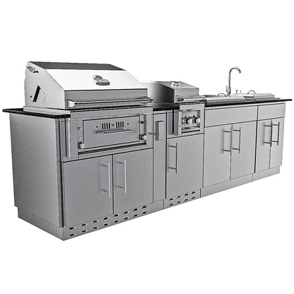 Sunstone Grills SCPALAMO10 Alamo 10 Ft Outdoor Kitchen Island w/ Grill & Side Burner, Sink, Door & Drawer - Angled - White Background