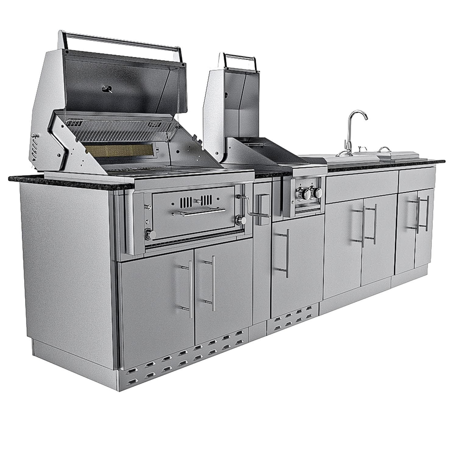 Sunstone Grills SCPALAMO10 Alamo 10 Ft Outdoor Kitchen Island w/ Grill & Side Burner, Sink, Door & Drawer - Angled Open - White Background
