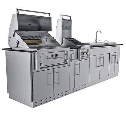 Sunstone Grills SCPALAMO10 Alamo 10 Ft Outdoor Kitchen Island w/ Grill & Side Burner, Sink, Door & Drawer - Angled Open - White Background