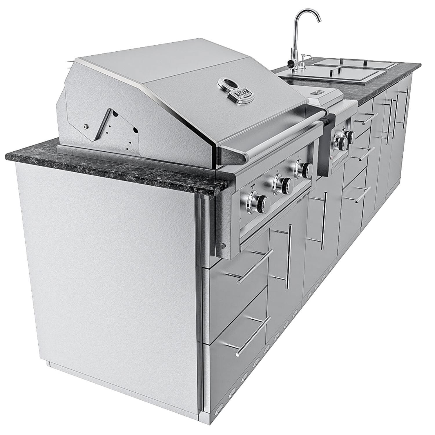 Sunstone Grills SCPMAGNOLIA10 Magnolia 10 Ft Outdoor Kitchen Island Gas Grill & Side Burner, Sink, Door & Drawer - Left Side - White Background