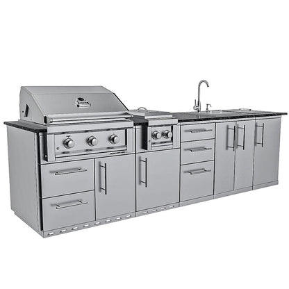 Sunstone Grills SCPMAGNOLIA10 Magnolia 10 Ft Outdoor Kitchen Island Gas Grill & Side Burner, Sink, Door & Drawer - Angled Grill Closed - White Background
