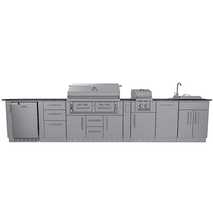 Sunstone Grills SCPDALLAS14 Dallas 14 Ft Outdoor Kitchen Island Gas Grill & Side Burner, Sink, Refrigerator, Trash Bin, Door & Drawer - Island - White Background