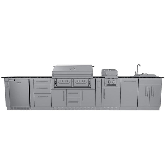 Sunstone Grills SCPDALLAS14 Dallas 14 Ft Outdoor Kitchen Island Gas Grill & Side Burner, Sink, Refrigerator, Trash Bin, Door & Drawer - Island - White Background