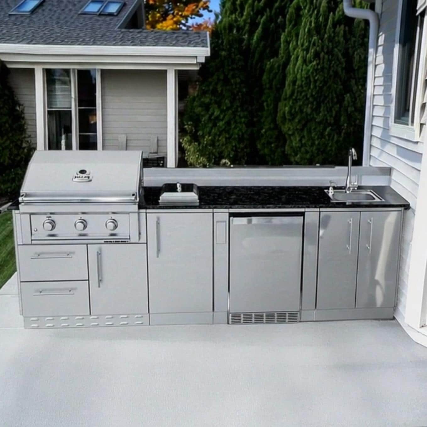 Sunstone Grills SCPBRAZOS9 Brazos 9 Ft Outdoor Kitchen Island w/ Grill & Side Burner, Sink, Door & Drawer - Island - White Background