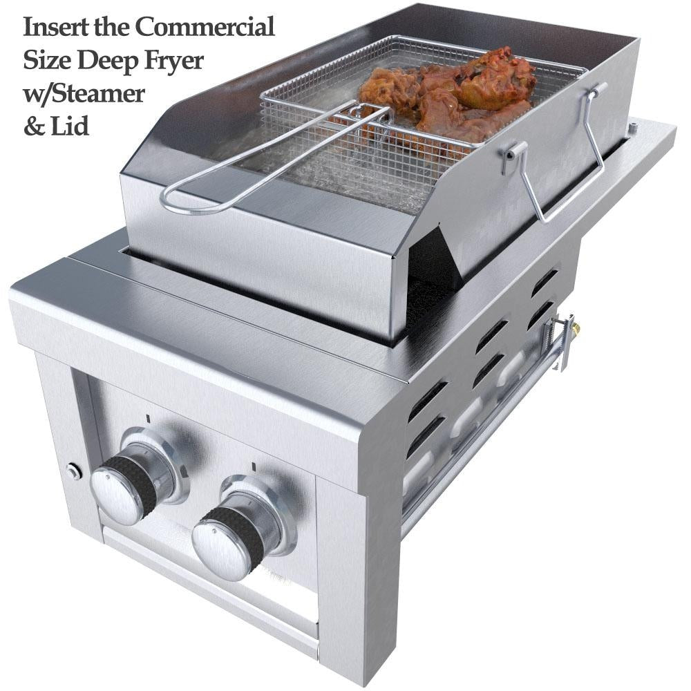 Sunstone SUN13CPRO-NG Ruby Series 13 Inch Natural Gas Companion Pro Burner W/Cooking Grates & Flavorizer Rack & LED Accent Light - Deep Fryer In Use