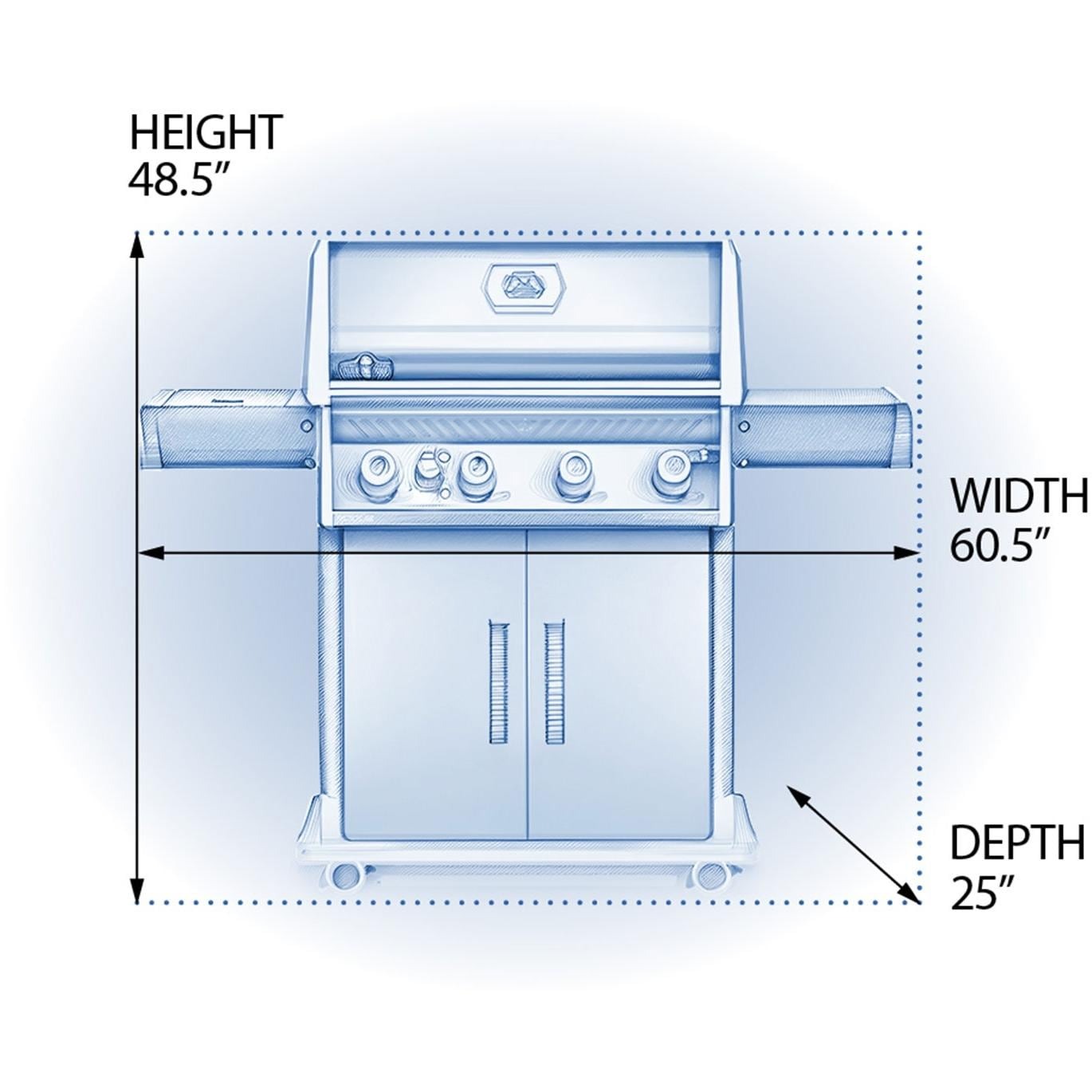 Napoleon Rogue RXT525SIBPSS-1 XT 525 SIB Propane Gas Grill with Infrared Side Burner - Stainless Steel - Dimensions - Diagram