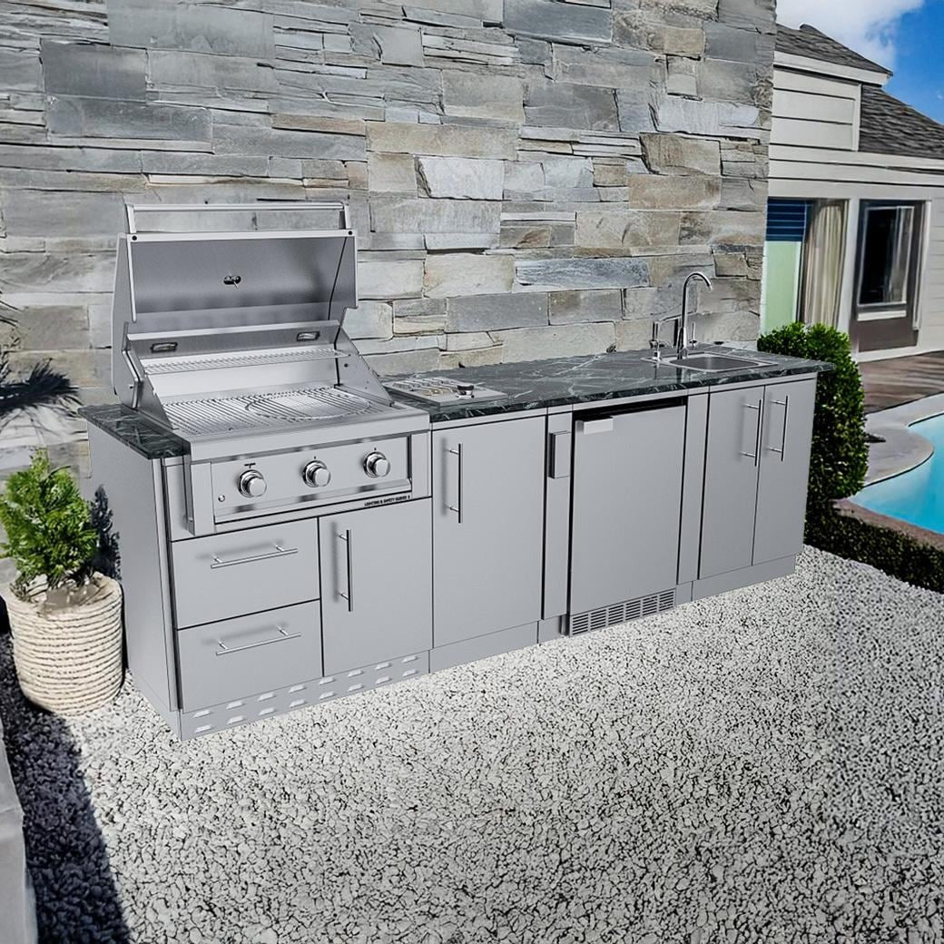 Sunstone Grills SCPBRAZOS9 Brazos 9 Ft Outdoor Kitchen Island w/ Grill & Side Burner, Sink, Door & Drawer - On Patio Open - Lifestyle