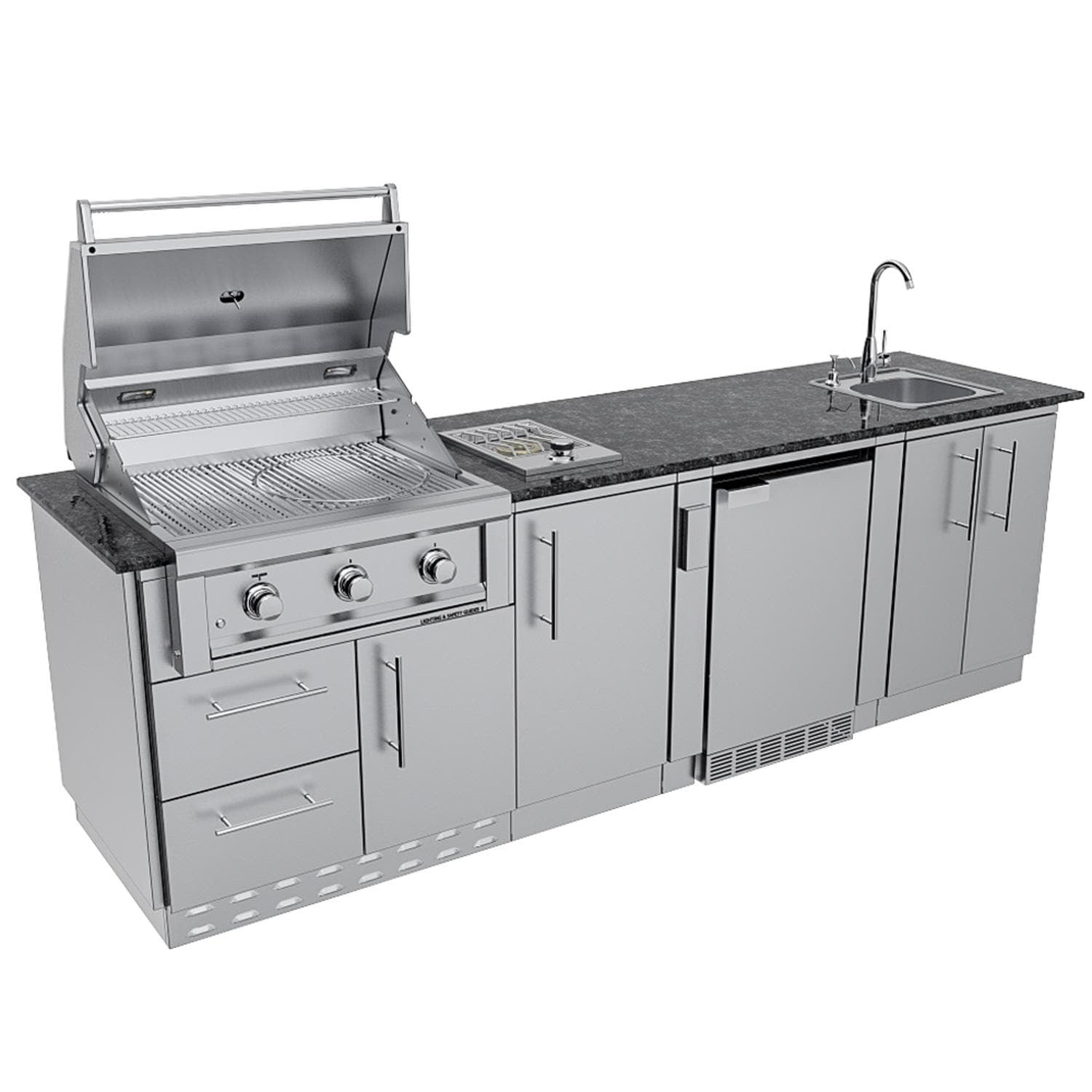 Sunstone Grills SCPBRAZOS9 Brazos 9 Ft Outdoor Kitchen Island w/ Grill & Side Burner, Sink, Door & Drawer - Angled Open - White Background