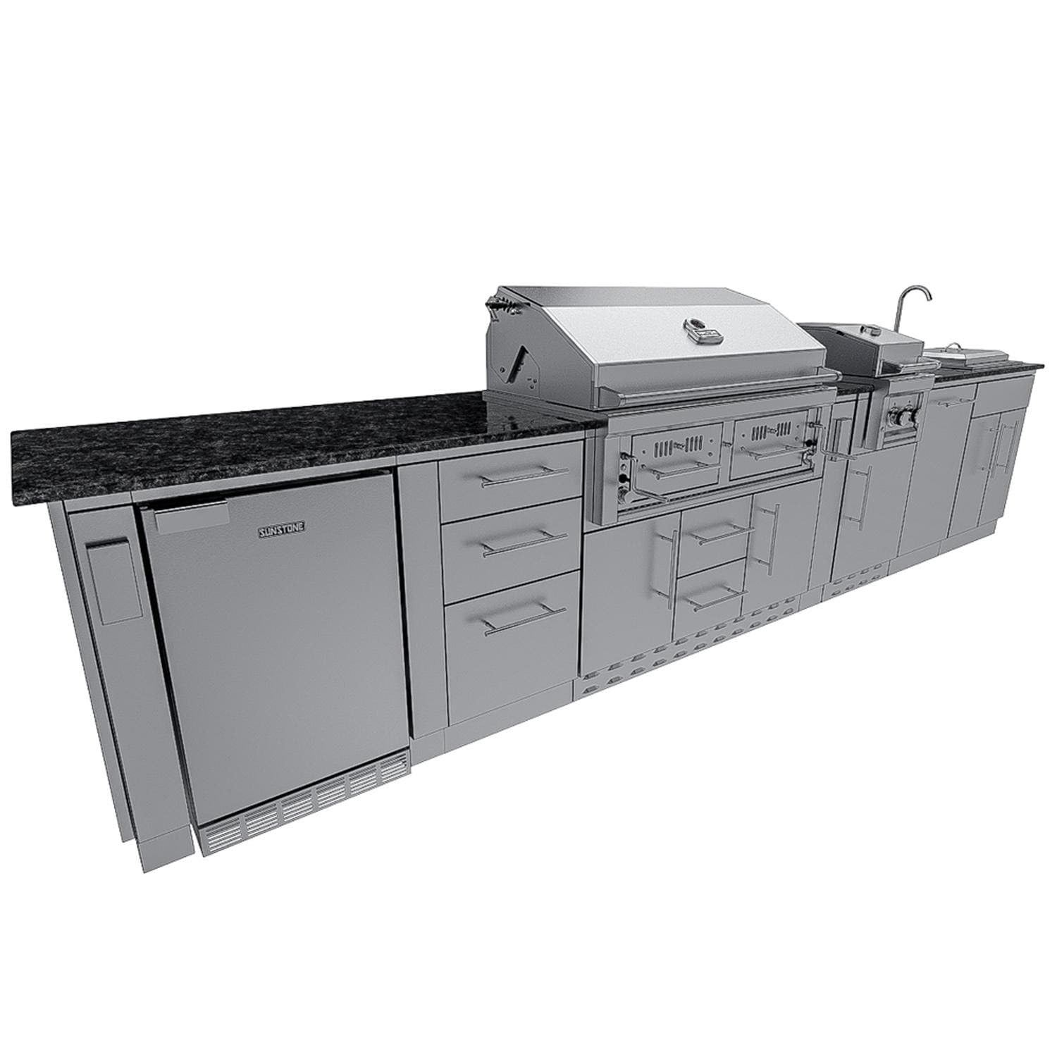 Sunstone Grills SCPDALLAS14 Dallas 14 Ft Outdoor Kitchen Island Gas Grill & Side Burner, Sink, Refrigerator, Trash Bin, Door & Drawer - Angle - White Background
