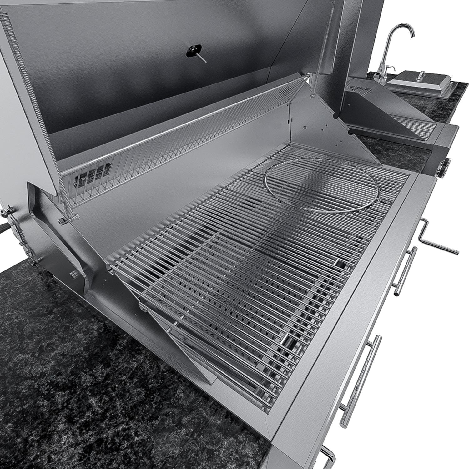 Sunstone Grills SCPDALLAS14 Dallas 14 Ft Outdoor Kitchen Island  Gas Grill & Side Burner, Sink, Refrigerator, Trash Bin, Door & Drawer - Grill Open - Detail