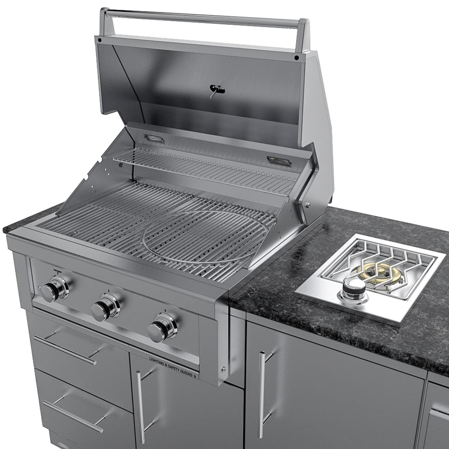 Sunstone Grills SCPBRAZOS9 Brazos 9 Ft Outdoor Kitchen Island w/ Grill & Side Burner, Sink, Door & Drawer - Grill Open 2 - Detail