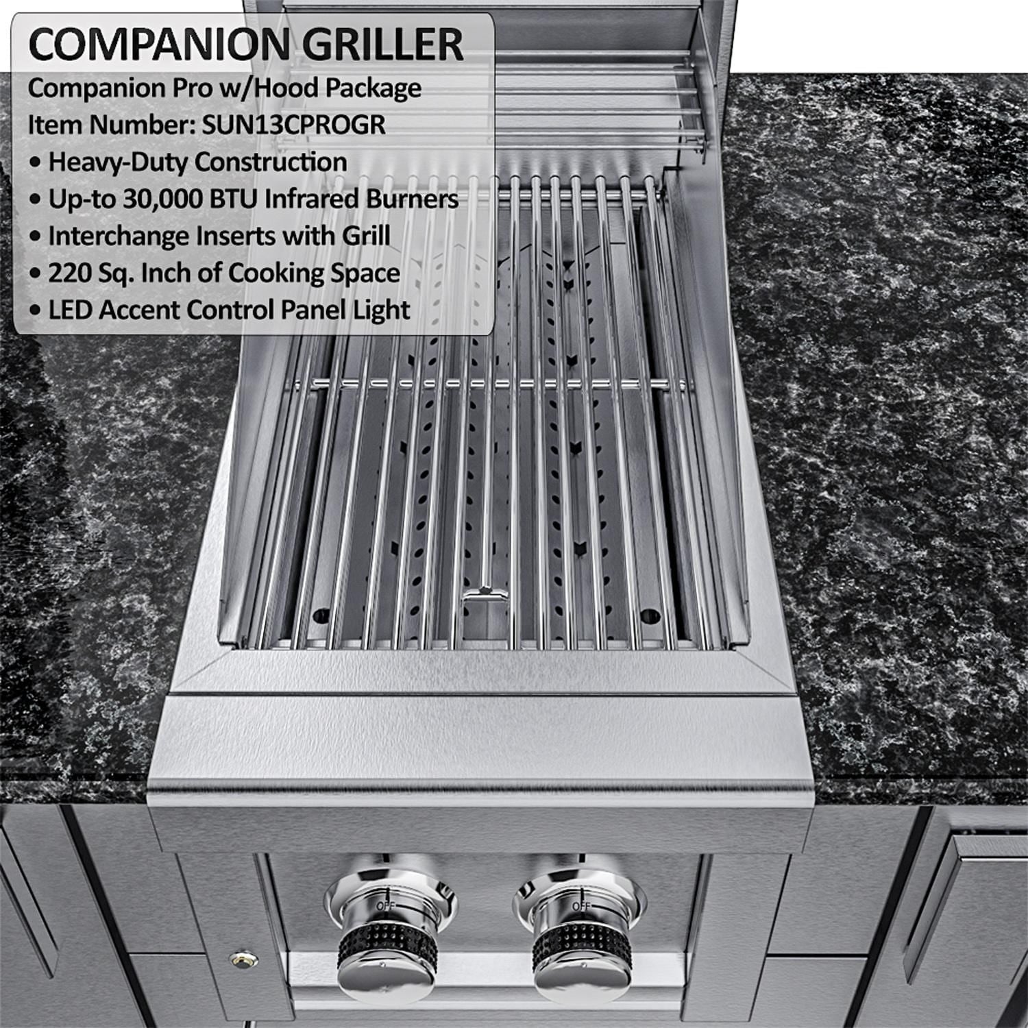 Sunstone Grills SCPDALLAS14 Dallas 14 Ft Outdoor Kitchen Island Gas Grill & Side Burner, Sink, Refrigerator, Trash Bin, Door & Drawer - Side Burner - Detail