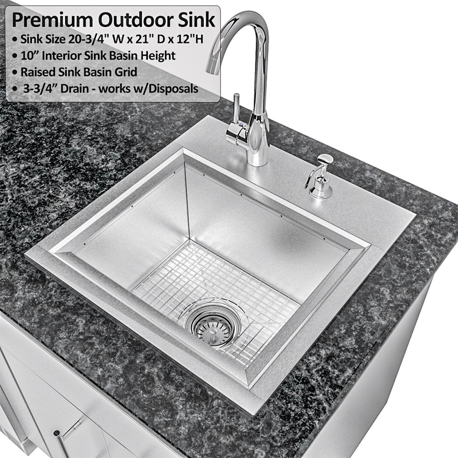 Sunstone Grills SCPDALLAS14 Dallas 14 Ft Outdoor Kitchen Island Gas Grill & Side Burner, Sink, Refrigerator, Trash Bin, Door & Drawer - Sink - Detail
