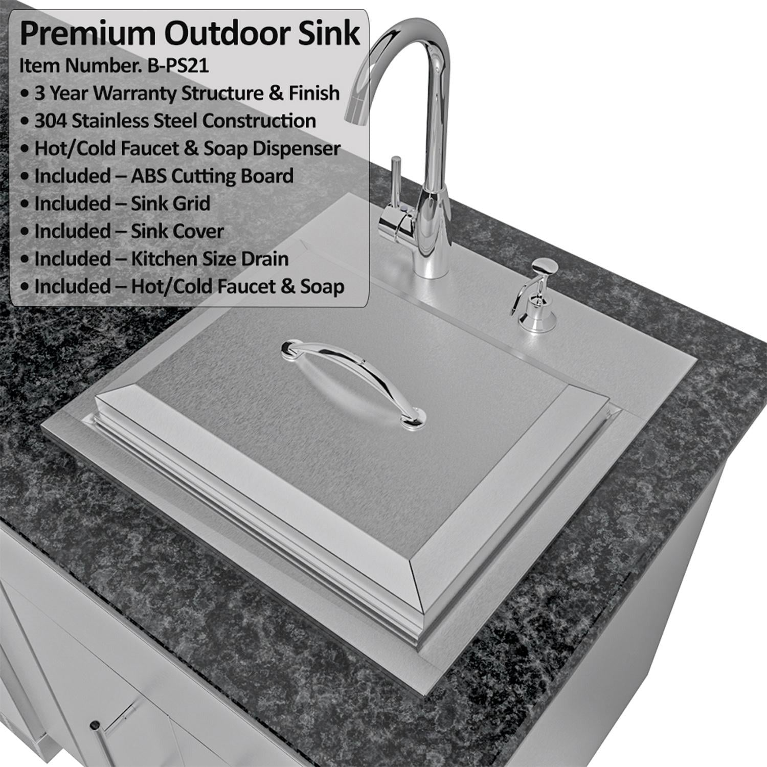Sunstone Grills SCPDALLAS14 Dallas 14 Ft Outdoor Kitchen Island Gas Grill & Side Burner, Sink, Refrigerator, Trash Bin, Door & Drawer - Sink w/ Lid - Detail