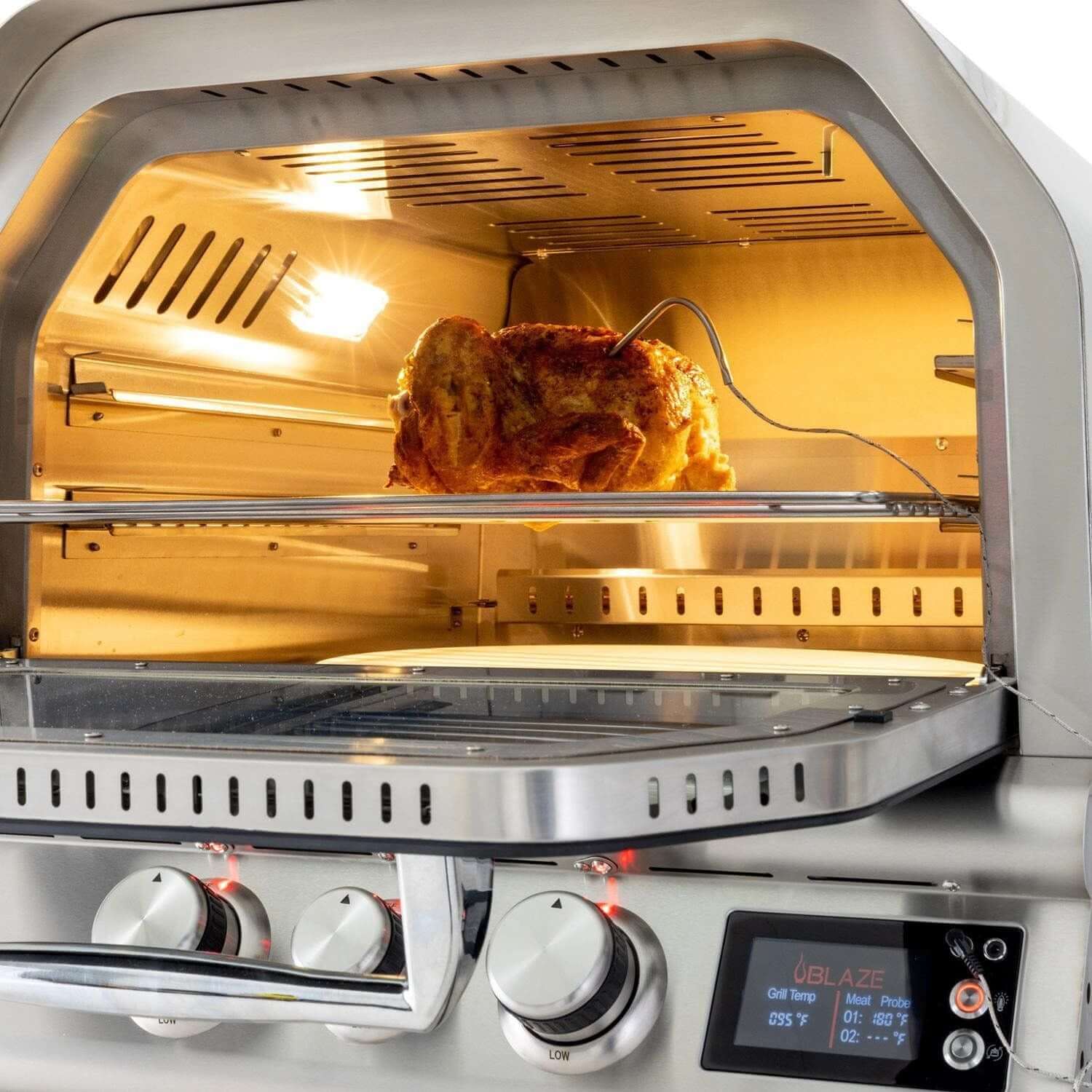 Blaze BLZ-26-PZOVN 26-Inch Built-In Outdoor Pizza Oven With Rotisserie - Meat Probe In Use - Detail