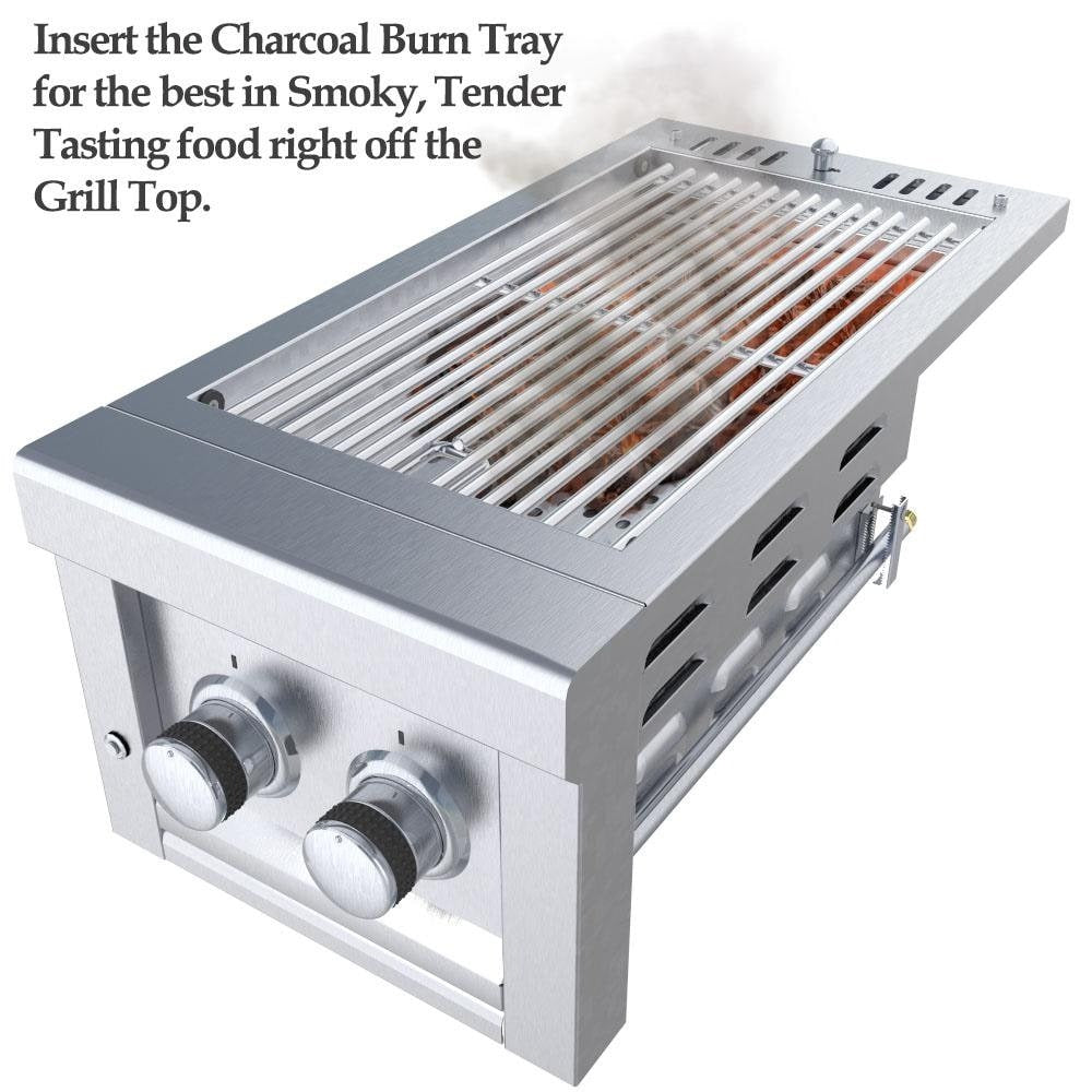 Sunstone SUN13CPRO-NG Ruby Series 13 Inch Natural Gas Companion Pro Burner W/Cooking Grates & Flavorizer Rack & LED Accent Light - Burn Tray In Use