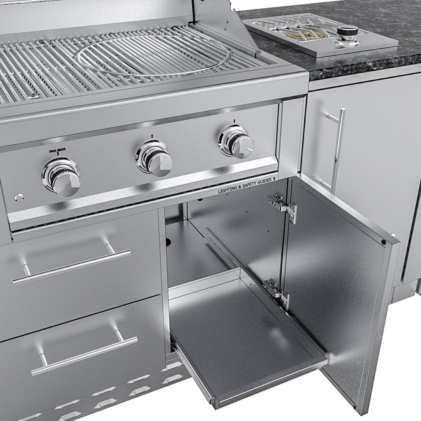 Sunstone Grills SCPBRAZOS9 Brazos 9 Ft Outdoor Kitchen Island w/ Grill & Side Burner, Sink, Door & Drawer – Propane Pull Out – Detail
