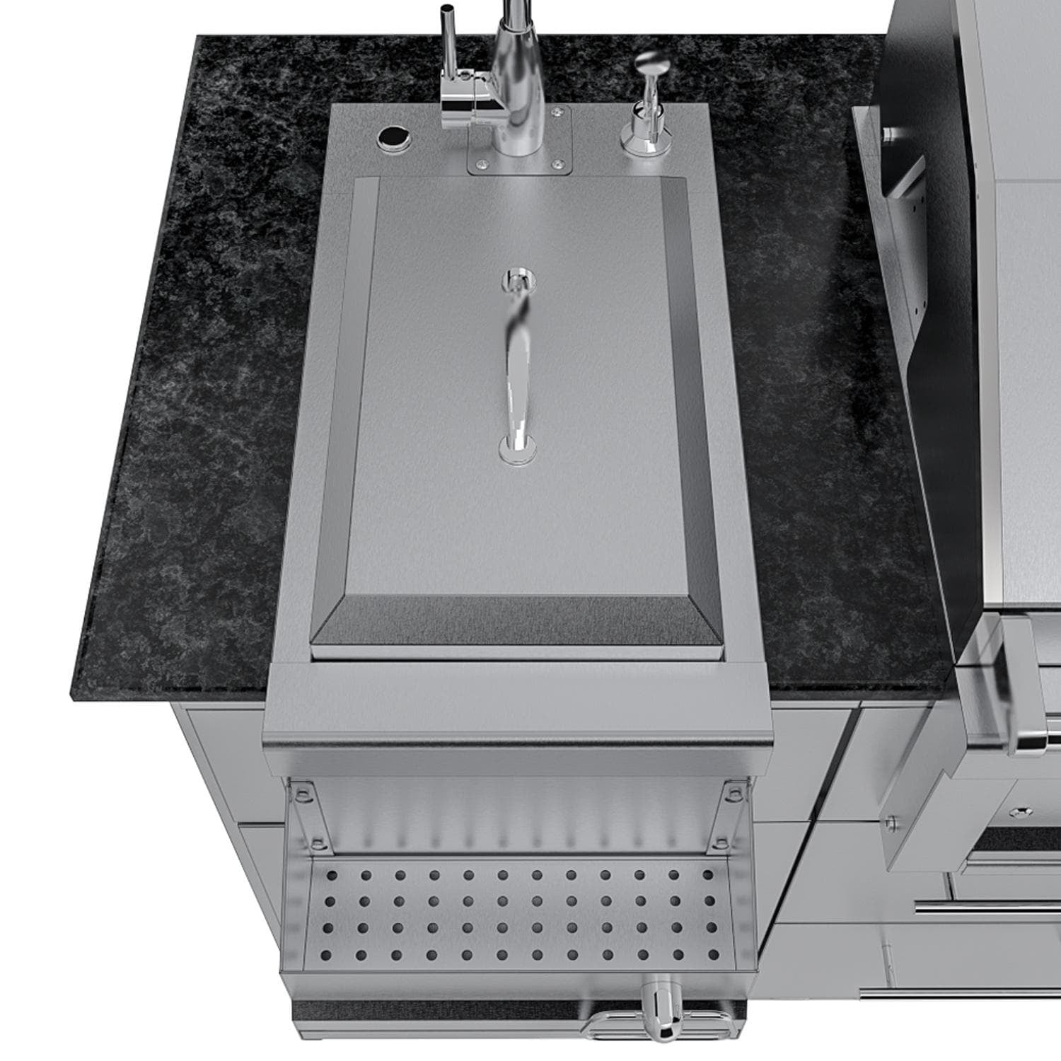 Sunstone Grills SCPCAPRICE6.4 Caprice 6 1/2 Ft Outdoor Kitchen Island w/ Grill & Side Burner, Door & Drawer – Sink w/ Lid – Detail