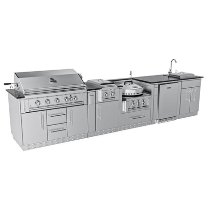 Sunstone Grills SCPHILLCOUNTRY13.6 Hill Country 13 1/2 Ft Outdoor Kitchen Island w/ Grill & Side Burner, Sink, Refrigerator, Door & Drawer – Angled – White Background