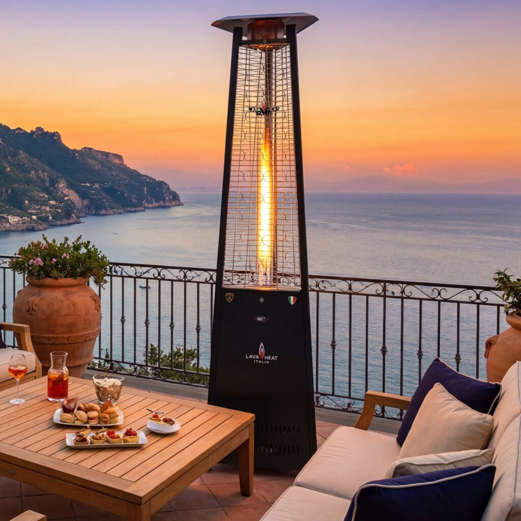 Lava Heat Lava lite Triangle Flame Tower Heater 92.5-inch 56 K BTU Electronic Ignition Heritage Bronze Natural Gas - AL8MGB - Evening View